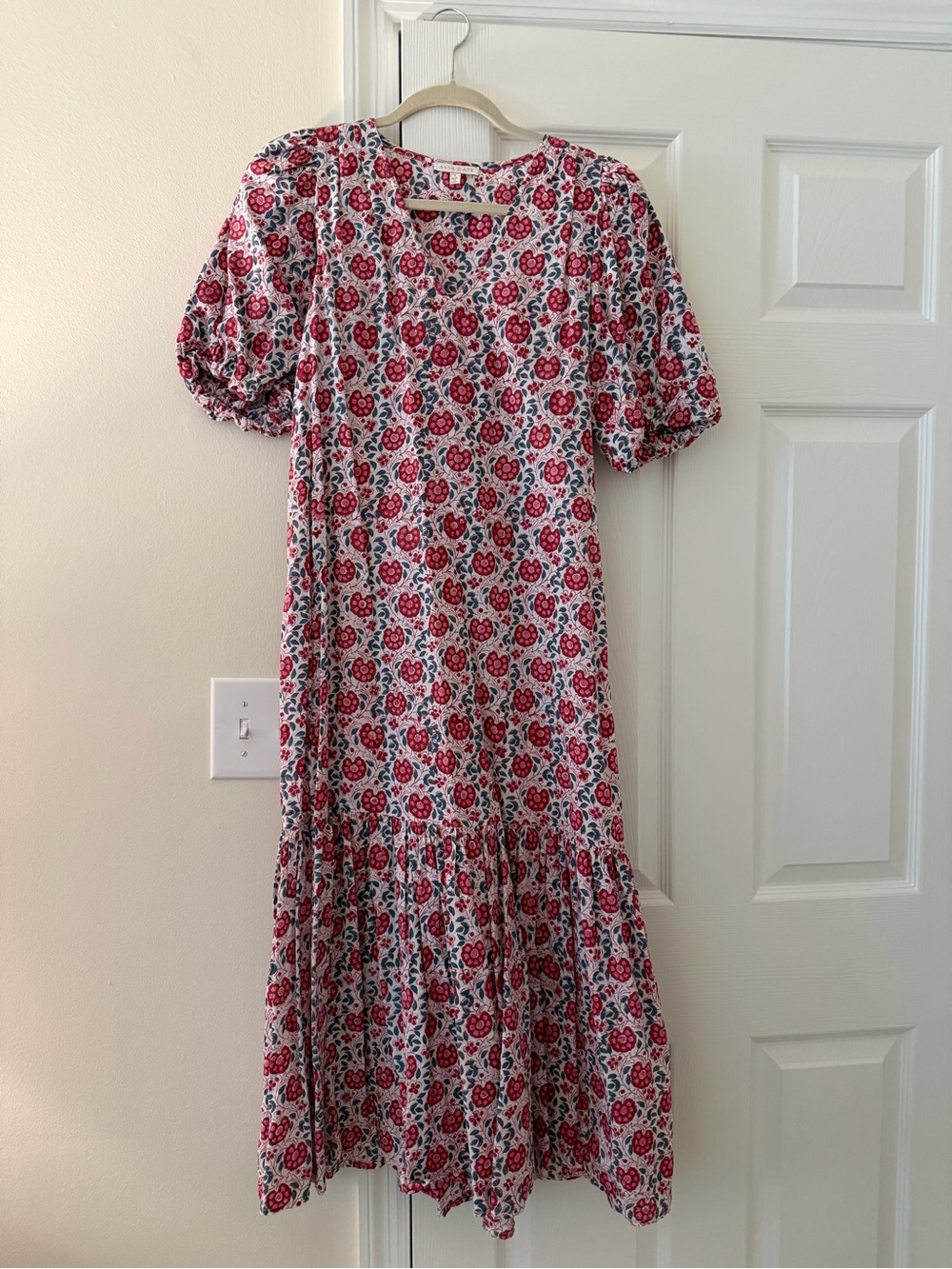 Tiered Puff-Sleeve Maxi Dress in Red and White Floral